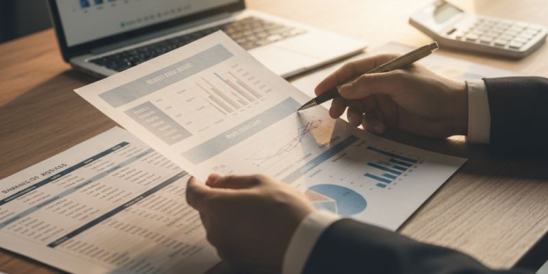 Profissional revisando demonstrações contábeis